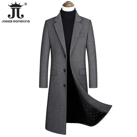 2024 Autumn and Winter Boutique Woolen Black Gray Classic Solid Color Thick Warm Men's Extra Long Wool Trench Coat Male Jacket