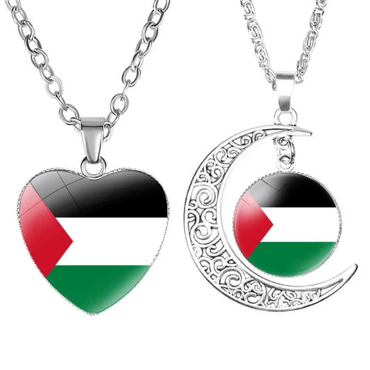 Palestine Necklace – Flag Photo Glass Cabochon Heart & Moon Pendant Chain Choker Jewelry for Men & Women