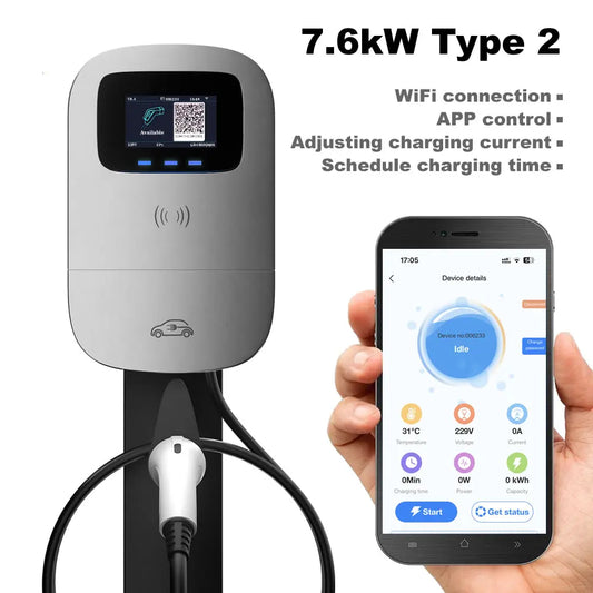 JIGU 7.6KW 32A Type 2 Electric Vehicle Charger – Car Charging Station, 7kW Wallbox EV Charger, WiFi & APP Control (220V, Single Phase)