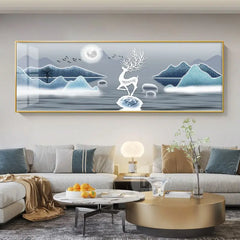 Chinese Style Golden Leaves & Deer Canvas Painting – Feng Shui Mountain Wall Art for Living Room (Unframed)