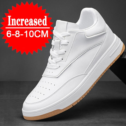 Men's Genuine Leather Height-Increasing Sneakers – Casual White Platform Shoes with 6/8/10CM Lift Insole
