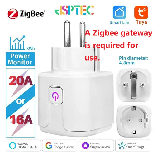 Tuya 20A Zigbee Smart Socket: High-Power EU Plug with Power Metering | Compatible with Zigbee2MQTT, ZHA, & SmartLife - Remote Voice Control for Heavy Appliances