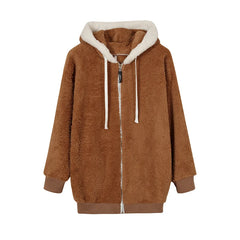 Autumn And Winter Loose Plush Zipper Hooded Jacket Woman