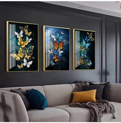 Big Yellow Butterfly & Abstract Golden Blue Butterfly Wall Art – Modern Prints for Living Room Decoration