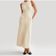 Summer Elegant Lady Knitted Single Breasted Long Dress – Sleeveless O Neck Button Bodycon Party Dress for Women | Vestidos