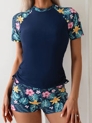 Women's 2-Piece Surfing Swimsuit – Short Sleeve Drawstring Print Swimwear Set