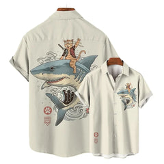 Men’s Samurai Cat Anime Hawaiian Shirt – Casual Short Sleeve Loose Fit Summer Top | Cool Graphic Streetwear Blouse