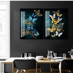 Big Yellow Butterfly & Abstract Golden Blue Butterfly Wall Art – Modern Prints for Living Room Decoration
