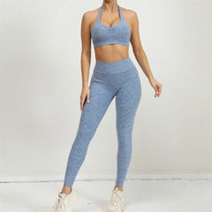 1/2PCS V-Back Halter Sports Bra & Scrunch Legging Set – Squat Proof, Pocket, Lycra Workout Yoga Gym Fitness Suit