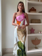 Fashion Printed Curling Edge Off-Shoulder Dress – Irregular Neck, Open Fork Gown for Summer Cocktail Parties | New Women’s Vestido