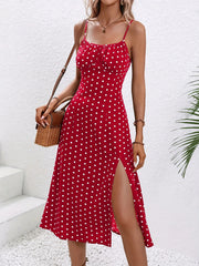 Women's Polka Dot Spaghetti Strap Summer Dress – Sleeveless Slit Midi Dress | Boho Casual Beachwear
