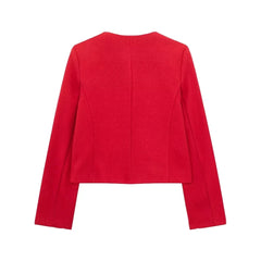 Women Elegant Cropped Jacket Women's Fashion Jacket O-Neck Long Sleeved Flip Pocket Coat Female Casual Outwear Tops