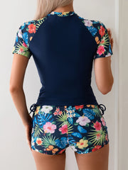 Women's 2-Piece Surfing Swimsuit – Short Sleeve Drawstring Print Swimwear Set