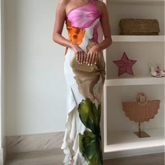 Fashion Printed Curling Edge Off-Shoulder Dress – Irregular Neck, Open Fork Gown for Summer Cocktail Parties | New Women’s Vestido