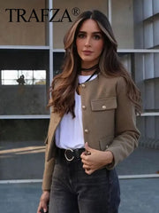 Women Elegant Cropped Jacket Women's Fashion Jacket O-Neck Long Sleeved Flip Pocket Coat Female Casual Outwear Tops