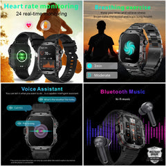 Military smartwatch men's outdoor sturdy appearance sports and fitness tracker 24H health monitor 1.96-inch smartwatch