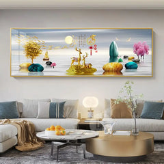 Chinese Style Golden Leaves & Deer Canvas Painting – Feng Shui Mountain Wall Art for Living Room (Unframed)