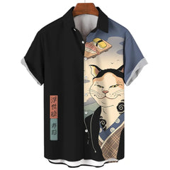 Men’s Samurai Cat Anime Hawaiian Shirt – Casual Short Sleeve Loose Fit Summer Top | Cool Graphic Streetwear Blouse