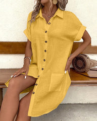 Summer Women’s V-Neck Button Dress – Sexy Single-Breasted Short Sleeve with Pockets