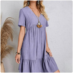 Women’s Summer Peplum Dress – Spring V-Neck Short Sleeve Loose Waist Ruffle Fit & Flare Vacation Dress