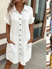 Summer Women’s V-Neck Button Dress – Sexy Single-Breasted Short Sleeve with Pockets