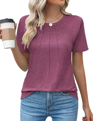 Women's V-Neck Tunic Top – Puff Pleated Short Sleeve Summer Blouse | Casual & Workwear Fashion Shirt
