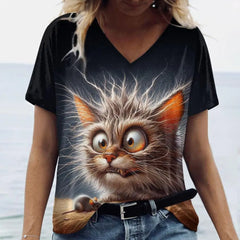 Summer Women’s Cat Print T-Shirt – Casual 3D Short Sleeve Crew Neck Pullover, Oversized Streetwear
