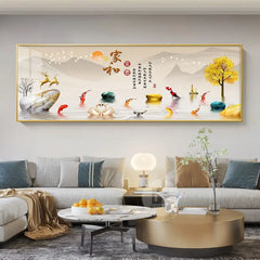 Chinese Style Golden Leaves & Deer Canvas Painting – Feng Shui Mountain Wall Art for Living Room (Unframed)
