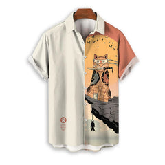 Men’s Samurai Cat Anime Hawaiian Shirt – Casual Short Sleeve Loose Fit Summer Top | Cool Graphic Streetwear Blouse