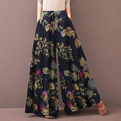Women'S Casual Floral Printed Pants Belt Elastic Waist Wide Leg Pants Pocket Long Wide Leg Trousers Pantalones De Mujer 바지