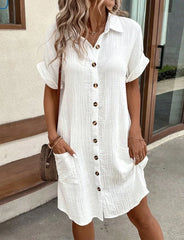 Summer Women’s V-Neck Button Dress – Sexy Single-Breasted Short Sleeve with Pockets