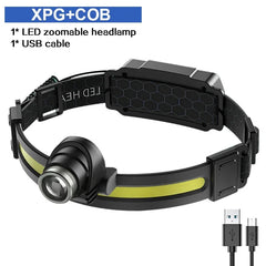 High Power LED Headlamp – 7 Modes XPE+COB Sensor Headlight with 18650 Battery for Fishing & Hunting