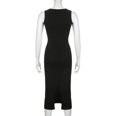 CIBBAR Basic Knit Long Dress – Korean Fashion Square Collar Sleeveless Women’s Casual Summer Y2K Vintage Outfit