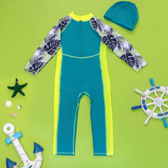 One-Piece Boys’ Long Sleeve Swimsuit – Kids’ Sun Protection Swimwear with Matching Swimming Cap
