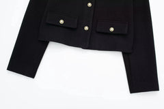 Women Elegant Cropped Jacket Women's Fashion Jacket O-Neck Long Sleeved Flip Pocket Coat Female Casual Outwear Tops