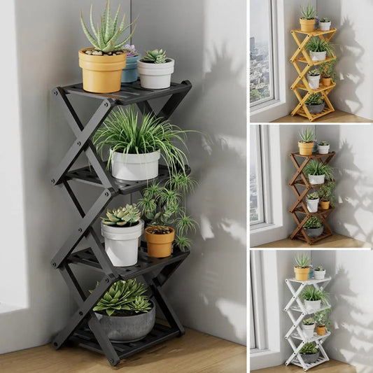 4-Tier Folding Bamboo Plant Stand - X-Shaped Plant Rack & Shoe Display Shelf for Entryway & Living Room