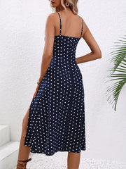 Women's Polka Dot Spaghetti Strap Summer Dress – Sleeveless Slit Midi Dress | Boho Casual Beachwear