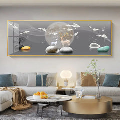 Chinese Style Golden Leaves & Deer Canvas Painting – Feng Shui Mountain Wall Art for Living Room (Unframed)