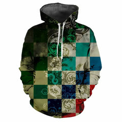 Trendy men's Hoodie Printed Color Lattice Patterns Digital Printing Casual Long Sleeved Hooded Thick Fabric Tops