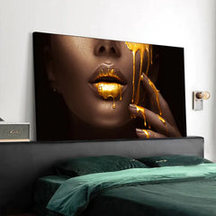 Large Black Woman Portrait with Gold Lips – Modern Oil Painting Poster for Home Wall Decoration (Unframed)