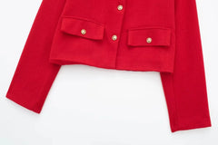 Women Elegant Cropped Jacket Women's Fashion Jacket O-Neck Long Sleeved Flip Pocket Coat Female Casual Outwear Tops