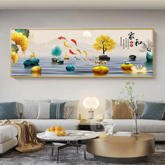 Chinese Style Golden Leaves & Deer Canvas Painting – Feng Shui Mountain Wall Art for Living Room (Unframed)