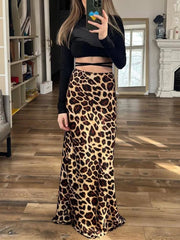 ASDS 2024 Vintage Women's Leopard Print Satin Skirt Female Summer High Waist Midi Skirt Woman Fashion Elegant Long Skirts