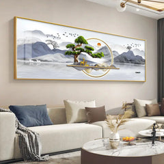 Chinese Style Golden Leaves & Deer Canvas Painting – Feng Shui Mountain Wall Art for Living Room (Unframed)