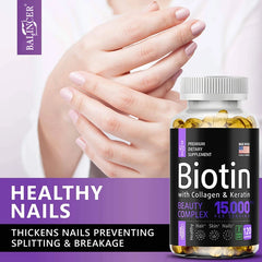 Balincer Biotin + Collagen + Keratin Supplement – 120 Non-GMO Capsules for Hair, Skin & Nail Health