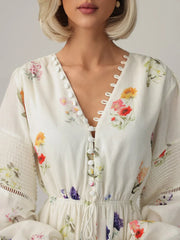 Sweet Floral Printed Backless Maxi Dress for Women – Lantern Sleeve, High Waist Long Robe | Summer Vacation Outfit