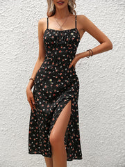 Women's Polka Dot Spaghetti Strap Summer Dress – Sleeveless Slit Midi Dress | Boho Casual Beachwear