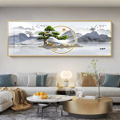 Chinese Style Golden Leaves & Deer Canvas Painting – Feng Shui Mountain Wall Art for Living Room (Unframed)
