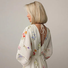 Sweet Floral Printed Backless Maxi Dress for Women – Lantern Sleeve, High Waist Long Robe | Summer Vacation Outfit