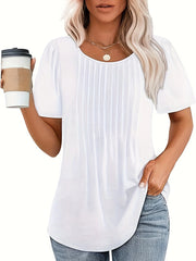 Women's V-Neck Tunic Top – Puff Pleated Short Sleeve Summer Blouse | Casual & Workwear Fashion Shirt